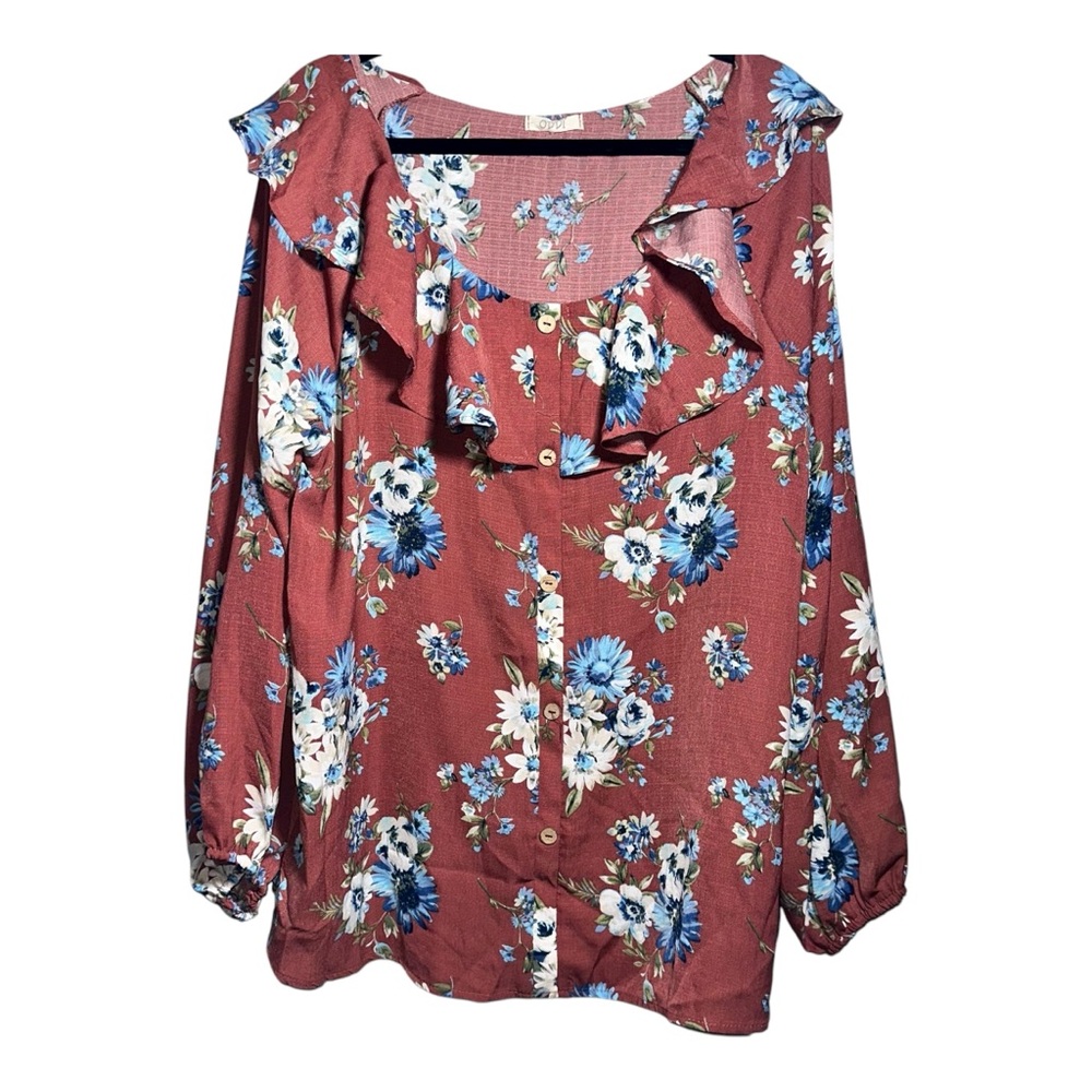 ODDY‎ Boho Floral Blouse 3X Ruffle Neck Flowy Cottagecore Top